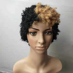Short Curly Wave Synthetic Pixie Cut Wig Black Ombre brown Party Full Hair