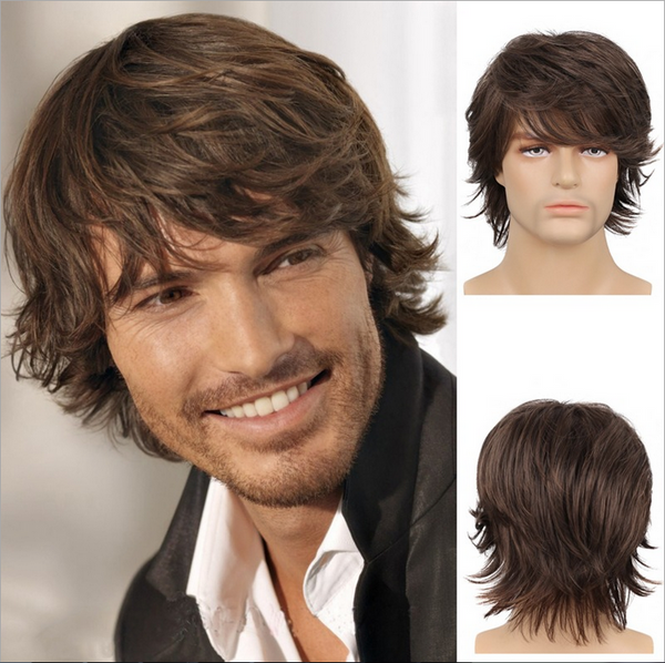 Man Curly Ombre Brown Synthetic Glueless Wave Daily Use
