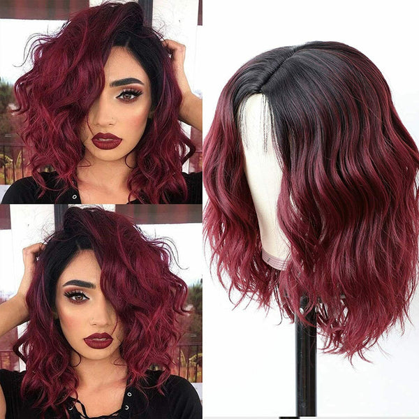 Fashion Ombre Wine Red Short Bob Wig Body Wave Synthetic Glueless Heat Resistant