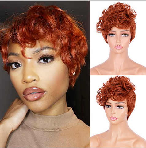 Short orange chemical fiber silk wig with Bangs Short Curly Wavy Bob Wig