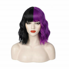 Half Black and Half Purple Wig 2-Tone Dyed with Bangs Short Curly Wavy Bob Wig