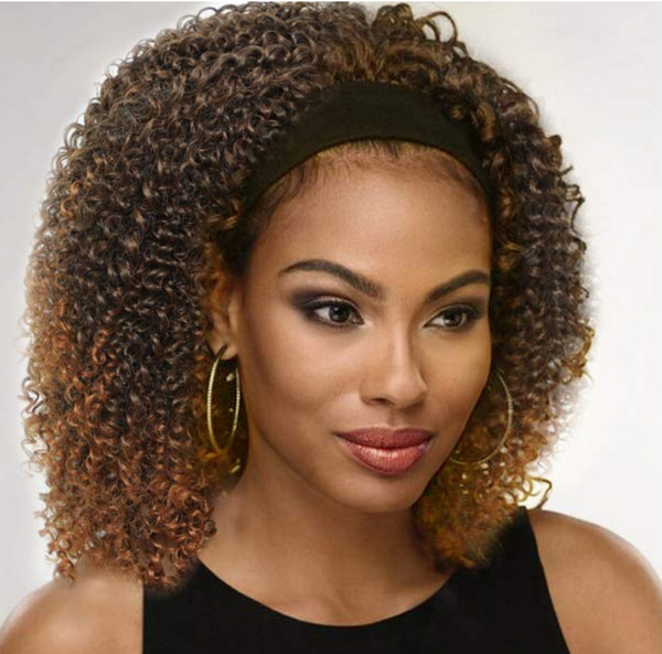 Woman Kinky Curly Short Synthetic Wig Black Ombre brown Wig for Fashion Party Headband wig