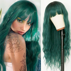 Wigs With Bangs Ombre Dark Green Wig Long Loose Wavy Curly Hair Synthetic