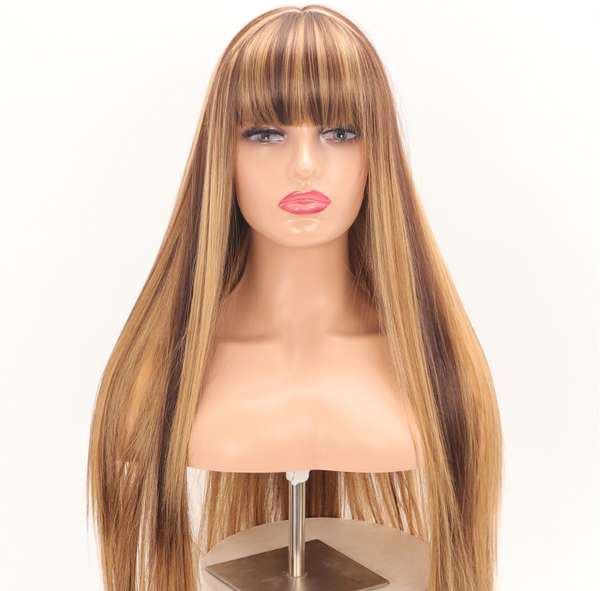 Long Straight Wigs with Bangs Brown Ombre light Blonde Daily Hair Wig for Women