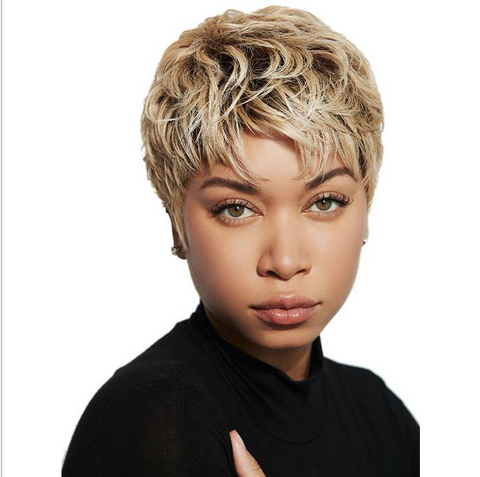 Women Bob Short Pixie Cut Ombre Gold Brown Synthetic Hair Cosplay Straight Wigs