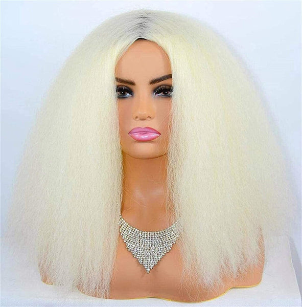 Blonde White Afro Kinky Curly Wig Kinky Yaki Straight Curly Synthetic Wigs