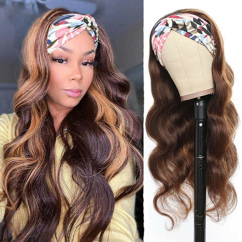 Long Synthetic Wave Highlight Black Brown Headband Wigs Non-Lace Wigs for Women