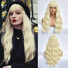 Long Wave Blonde Daily Hair Synthetic Glueless Wig With Bangs Heat Resistant