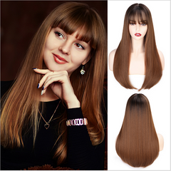 Brown Straight Wigs with Bangs Synthetic Wigs for Women Daily Natural Hair Wig