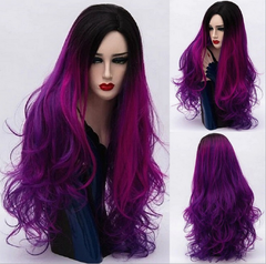3 Tone Long Curly Synthetic Wig Ombre Color Black to Pink to Purple Hair Heat
