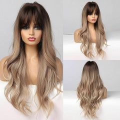 Brown Ombre Wavy Long Synthetic Wigs Bangs Heat Resistant Cosplay Natural Hair