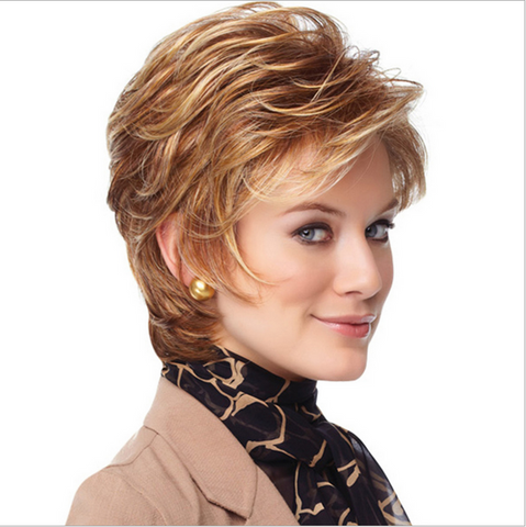 Short Pixie Cut Wig for Women Brown Hair Highlight Light Blonde Wigs with Bangs