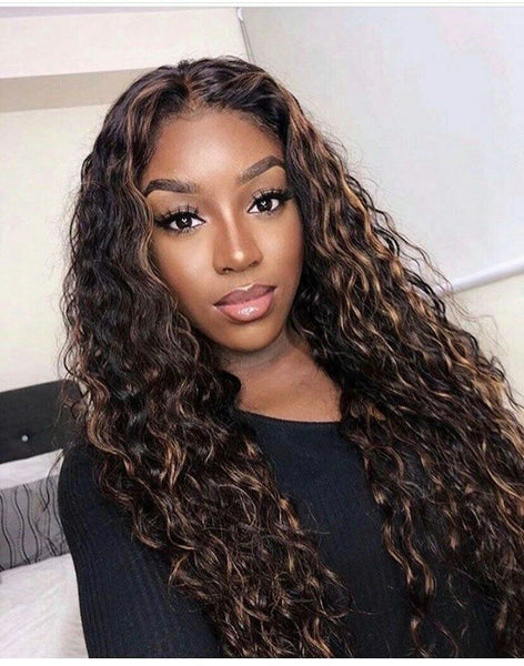 Long Curly Wig Brown Highlight Wigs for Women Wavy Synthetic Middle Part Wig