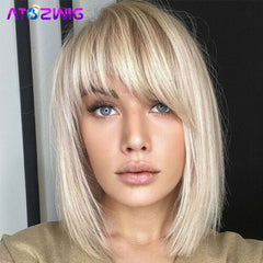 Short Straight Blonde Bob Wig With Bangs for Fashion Women Natural Looking Wigs