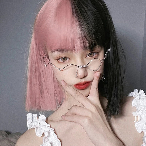 Half Pink and Black Wig Short straight Hair with Bangs Cosplay Natural Wavy Wig