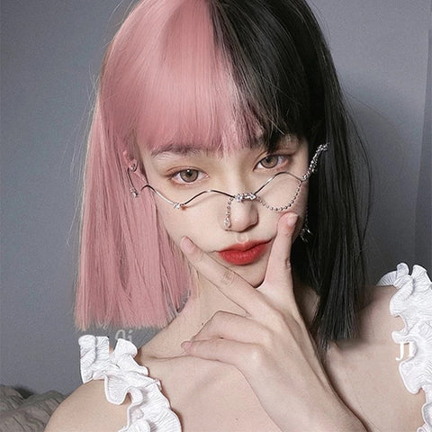 Half Pink and Black Wig Short straight Hair with Bangs Cosplay Natural Wavy Wig