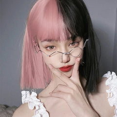 Half Pink and Black Wig Short straight Hair with Bangs Cosplay Natural Wavy Wig