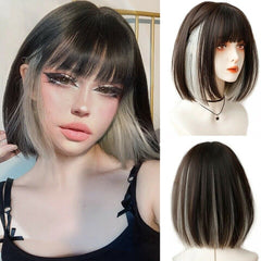 Short Bob Straight Wig with Bangs Brown Silver Synthetic Hair Wigs Cosplay Soft