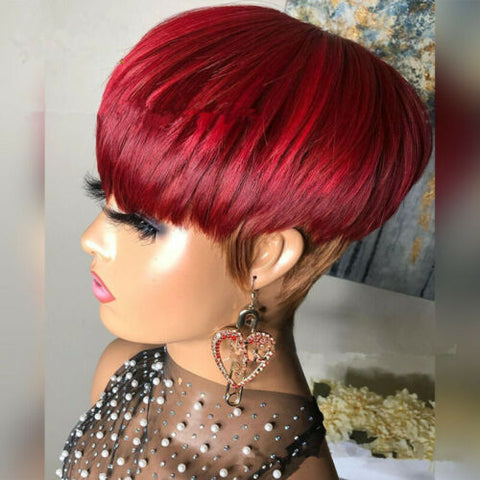 Pixie Cut Wine Red Brown Mixed Ombre Wig With Bangs For Women Synthetic Hair Wig