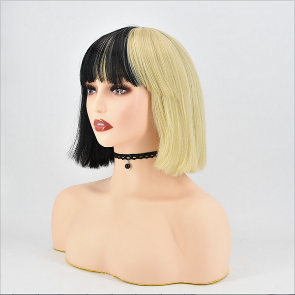 Two Tone Wig With Bang Black Blonde Short Straight Wigs Cosplay Wigs Heat Safe