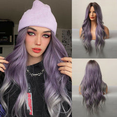 Long Wavy Dark Root Ombre Purple Cosplay Wigs for Women Colorful Heat Resistant