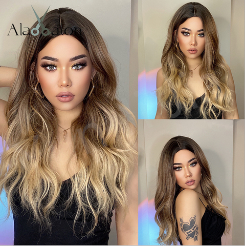 Women Long Wavy Wigs Brown Golden Blonde Wave Curly Hair Ombre Bangs Party Wigs