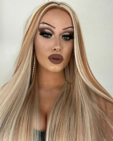 Long Straigh Brown Mixed Blonde Wig Synthetic Heat Resistant for Daily Party Use