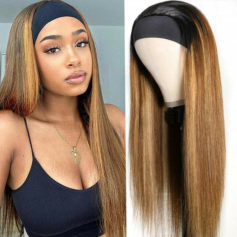 Long Straight Headband Wig Brown Highlight Wigs for Women Synthetic Headband Wig