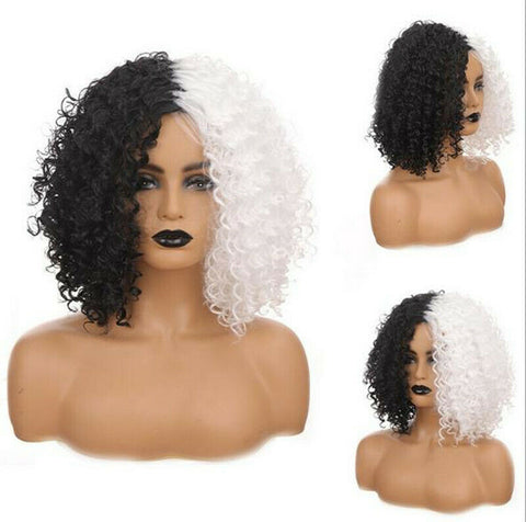 Short Afro Curly Wave Wig Middle Part Hale Black and Half White Heat Resistant