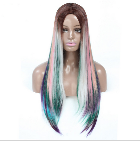 Long Rainbow Colour Straight Synthetic Wig Heat Resistant Multi-chrome Hair Cosplay