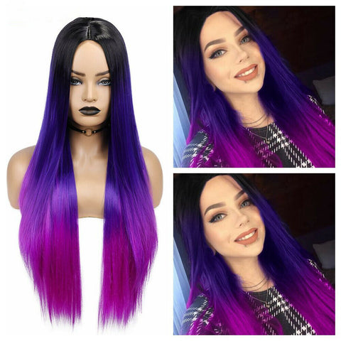 Women Long Straight Synthetic Wig Ombre Purple Hair Heat Safe Cosplay Party Wigs