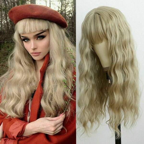 Wavy Long Wigs With Bangs Ash Blonde Synthetic Hair Wigs Party Cosplay Daily Wig