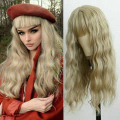 Wavy Long Wigs With Bangs Ash Blonde Synthetic Hair Wigs Party Cosplay Daily Wig