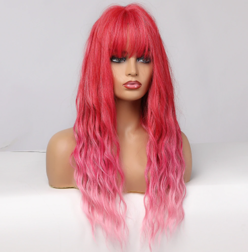 Pink Ombre Synthetic Hair Wigs Long Wavy Bangs Heat Resistant For Woamans Wigs