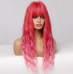 Pink Ombre Synthetic Hair Wigs Long Wavy Bangs Heat Resistant For Woamans Wigs