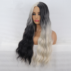Long Wavy Curly Wigs for Women Ombre Black Silver Grey Two Tone Synthetic Heat
