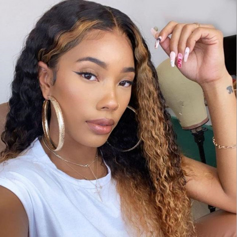 Curly Black Brown Highlight Synthetic Long Wigs for Womans Daily Natural Wears