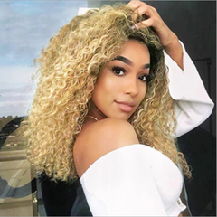 Light Blond Kinky Curly Short Wigs Dark Brown Roots Cosplay Halloween Patry Wigs