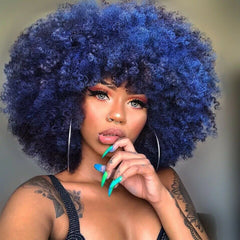 Kinky Curly Short Afro Wigs Blue Natural Hair Synthetic Wig For Women Heat Safe