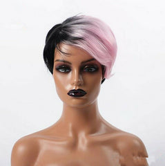 1B/PINK Short Straight Wig Side Part Wig Synthentic Black Mix Pink Color