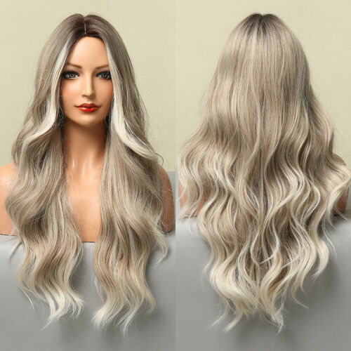 Long Silky Body Wavy Wig Ombre Blonde Wigs Middle Part Synthetic Hair Glueless