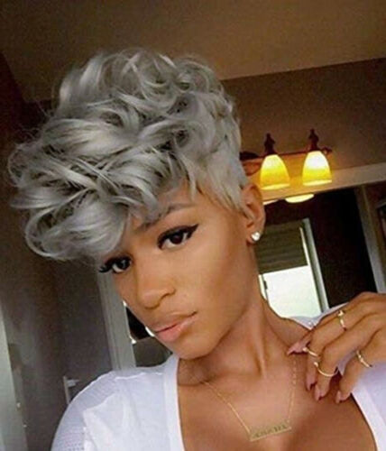 Short Synthetic Gray Curly Wigs Pixie Afro Wavy Wigs for Black Women Party Wigs