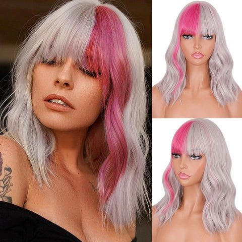 Synthetic Wig With Bangs Half Rose Purple Half Gray Wig Highlight Cosplay Party