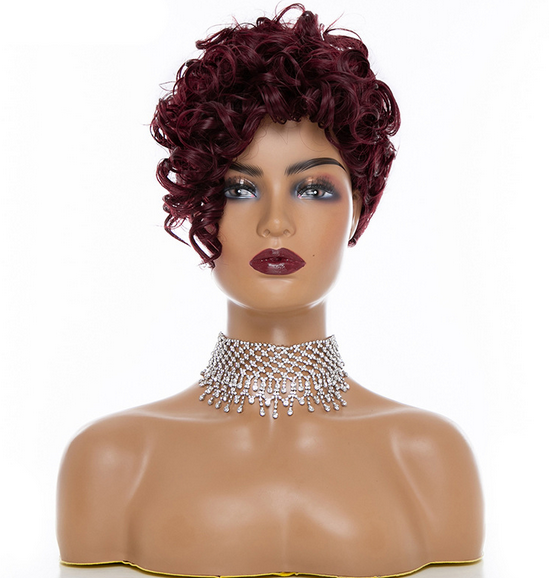 Short Kinky Curly Synthetic Wig With Bangs Heat Safe Pixie Cut Wine Red Wigs