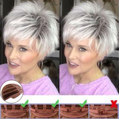 Short Straight Pixie Cut Wig With Bang Hair Dark root Silver Grey Wig for Women