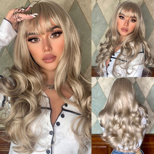 Long Curly Wave Wig with Bangs Golden Blonde Synthetic Hair Wigs Costume Party