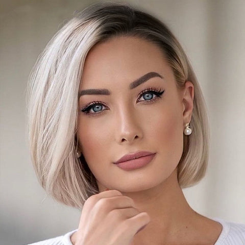 Short Bobo Blonde Synthetic Wig Straight Dark Roots Side Part Glueless Wigs
