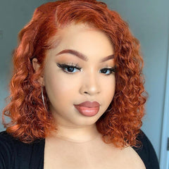 Short Bob Ginger Orange Deep Curly Wigs Synthetic Hair Side Part Wig Glueless