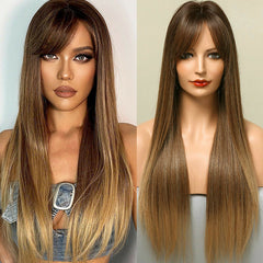 Long Straight Synthetic Hair Ombre Brown Wigs with Bangs for Women Daily Use