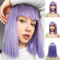 Short Lavender Purple Bob Wig with Bangs Straight Synthetic Wigs Christmas Party